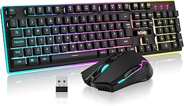 K10 Wireless Gaming Keyboard and Mouse Combo, LED Backlit Rechargeable 3800mAh Battery, UK Layout Mechanical Feel Keyboard + 7D 3200DPI Mice for PC Gamer (Black)