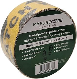 MYPURECORE Anti Slip Tape Watch Your Step | 80 Grit 5m x 5cm Grip Tape for Stairs, Outdoor Steps and Ramps | Durable Safety Tape for Anti Slip Stair Treads, Decking Strips, Indoor & Outdoor Use