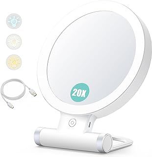 Magnifying Mirror with Light,20X/1X Double Sided Tabletop Portable Lighted Makeup Beauty Mirror, 3 Color Lighting, Dimmable Touch Screen,Cosmetic Mirror with Lights for Makeup/Travel