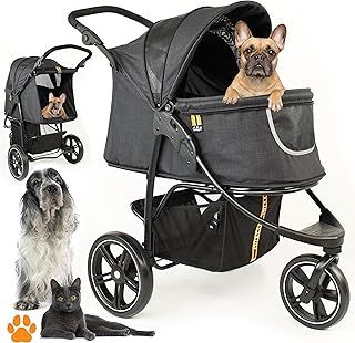 COOPER dog & pet robust buggy, pram, jogger holds up to 32 kg, easy fold, multi-height adjustable soft touch handle, reflective accents, mesh inserts, zippered exits, storage basket below.