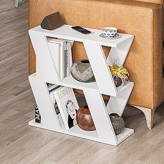 Narrow Side Table with 2 Storage Shelf | 2 Tier Side Table | Slim End Table | Modern Design Sofa Table | Living Room, Office | Many Colour Options | 60x22x57cm (White)