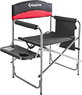 KingCamp Folding Directors Chairs for Adults, Oversized Camping Chair with Side Table/Cup Holder/Padded Armrest, Heavy Duty Camping Chairs for Fishing Picnic Garden, Up to 400 lbs, Black/Red