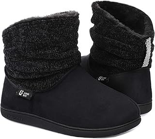 LongBay Ladies' Warm Chenille Knit Bootie Slippers Women's Comfy Suedette Fluffy Faux Fur Memory Foam Boots House Shoes