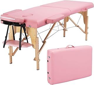 Yaheetech Portable Massage Table Folding Spa Beauty Bed Lightweight Tattoo Therapy Couch Wooden 60 cm Width 2 Section Pink