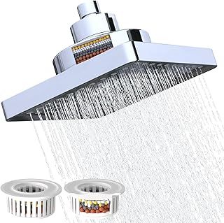 Rainfall Shower Head with Filter, 6 Inch Rain Shower Head High Pressure Overhead Replacement, Square Fixed Shower Head Adjustable with Swivel Ball, 2 Filter, Chrome