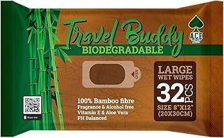 Ace Travel Buddy Large Body Wet Wipes Biodegradable - No Rinse Bath Or Shower Bamboo Wipe - Gym, Travel, Camping, Backpacking, Hiking, Pets, Festival Essentials/Accessories, 32 Wipes(8"X12"/20X30CM)