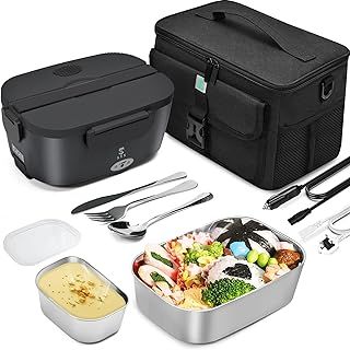 Electric Lunch Box Food Heater,Efficient Heated Lunch Box Set with Removable Pure 304 SS Container (1.5 L+ 0.45 L),Insulated Bags,Big Cutlery Set for 12v 24v 220v