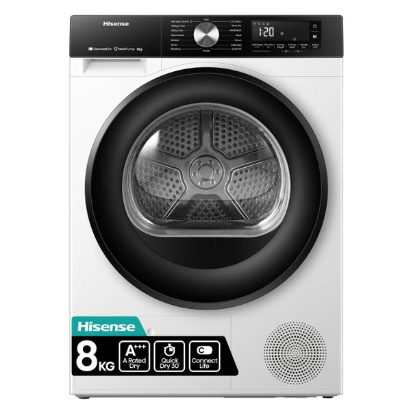 Hisense 3S WiFi Series DH3S802BW3 60cm Freestanding 8KG Heatpump Front Load Tumble Dryer - 16 Programmes - Auto dry- Steam Refresh - Allergy Care - White A+++ Rated