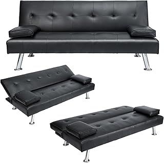 Sofa Beds 3 Seater Sofas with Upholstered Convertible Sofas & Couches Couch Adjustable Angle Sofas for Living Room/Spare Room/Guest Room Black PU Leather