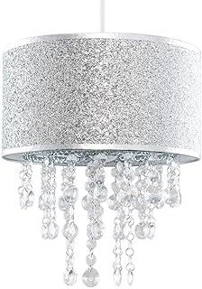 Modern Silver Glitter Cylinder Ceiling Pendant Light Shade with Clear Acrylic Jewel Droplets