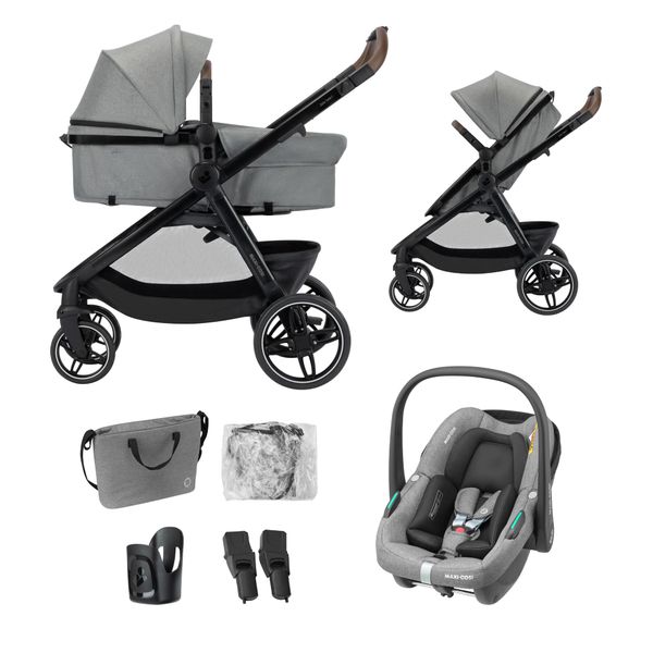 Maxi Cosi Zelia Select Trio, Baby Stroller 3 in 1 with Car Seat, 0-4 Years (0-22 kg), One-Hand Fold, Compact and Reversible Pushchair Travel System, with CabrioFix S i-Size Baby Car Seat, Grey