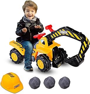 Maxmass Kids Ride On Digger, Toddler Construction Excavator with Steering Wheel, Control Panel, Digging Handle, 3 Toy Stones and Safety Helmet, Pretend Play Ride On Tractor for 3+ Years Old
