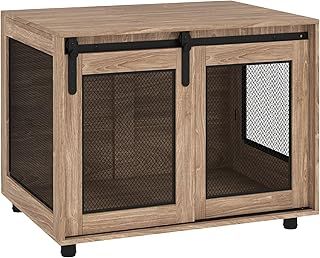 PawHut Dog Crate Furniture, Dog Cage End Table with Sliding Barn Door, Dog Pet Kennel for Medium Dogs, 80 x 58.5 x 63cm, Walnut Brown