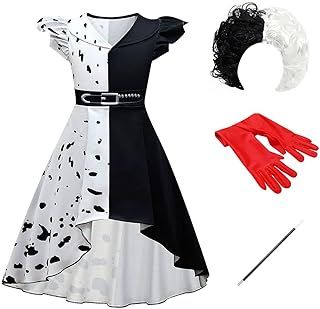 Kids Girls Cruella Deville Costume 101 Dalmatian Dog Dress Halloween Carnival Cosplay Fancy Dress Up Party Movie Character Birthday Gown Coat +Wig+Gloves+Cigarette Holder 4PCS Outfit