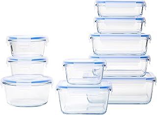 Amazon Basics Glass Locking Food Storage Containers 20 Piece Set (10 Containers + 10 Lids), BPA-free plastic lids lock, Transparent, Blue