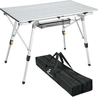 Sportneer Folding Table Camping Table Outdoor Portable Picnic Table with Adjustable Height Mesh Layer Folding Camping table with Aluminum Roll Up Table Top for Camp Kitchen Garden Sewing Work Beach