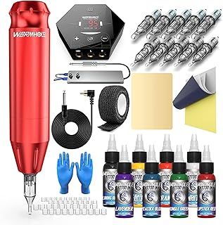 Wormhole Tattoo Machine Kit - Complete Rotary Tattoo Gun Kit with 10 Cartridge Needles, 8 Tattoo Ink, 40 Ink Caps for Beginners - WTK085