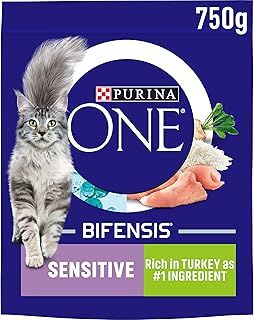Purina ONE Sensitive Dry Cat Food Rich in Turkey 750g, Pack of 4