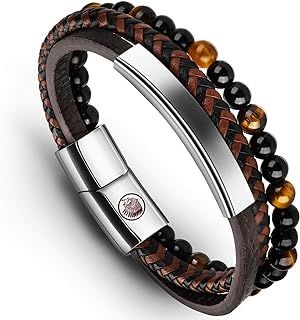 Mens Leather Bracelet – Classic Handmade Braided Black & Brown Cuff Bracelet with Engraved Magnetic Clasp Free Jewelry Gift Boxed