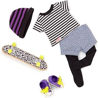 Our Generation That’s How I Roll Outfit – Skater Girl Outfit with Leopard Print Skateboard for 18-inch Dolls – 6 Piece Skateboarding Clothing and Accessory Set