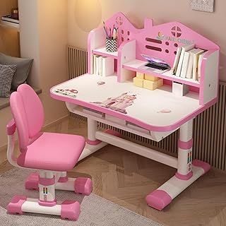 Desk for Kids, Pink Kids Desk and Chair Set, Height Adjustable Kids Desk with Drawers and Storage, Cartoon Pattern Kids Desk Chair, School Study Desk for Boys Girls (Pink)