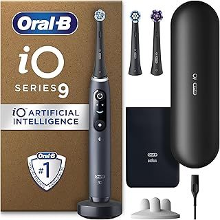 Oral-B iO9 Electric Toothbrush for Adults, Black, App Connected Handle, 7 Cleaning Modes, Includes 3 Brush Heads, Charging Travel Case and Head Holder, Long-Lasting Battery for Home Travel, 2 Pin Plug