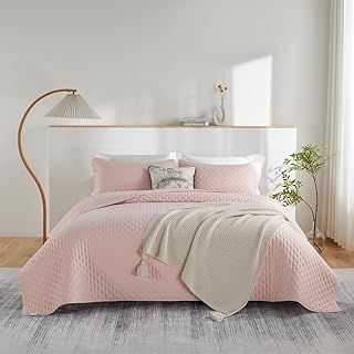 Bedspread Pink Double Size Bed, Soft Lightweight Summer Microfiber Coverless Duvet for All Season, 3 Piece Bedspread with Pillow Shams (1 Quilt, 2 Pillow Shams)