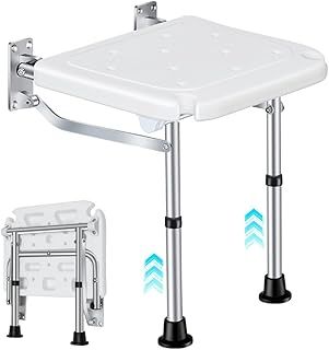Shower Folding Seat for Wall Mounting, Shower Folding Seat Shower Wall Mounted up to 160 kg, Shower Folding Seat with Support Feet, for Elderly, Pregnant Women, Disabled