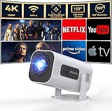 Mini Projector 4K Support with Android TV 11,Auto Keystone &180° Rotation,Native 1080P WiFi 6 BT5.2 Built-in Speaker Portable Outdoor Projector for Home Cinema/Bedroom/iOS/Android/HDMI（White）