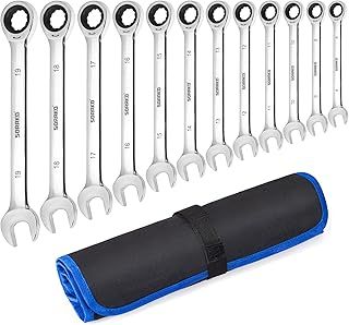 SORAKO Ratchet Spanner Set, 12PCS Spanner Sets, 72 Tooth Ratchet Gear 8-19 mm Metric Spanner Set, Fixed Head Combination Spanner Set in Roll Bag