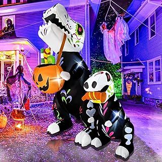 BLOWOUT FUN Halloween Inflatable Outdoor Decoration 6 Ft Inflatable Skeleton Dinosaur T-Rex with Pumpkin Blow Up Tyrannosaurus Halloween Decorations with Build-in LEDs for Home Yard Garden Party Decor