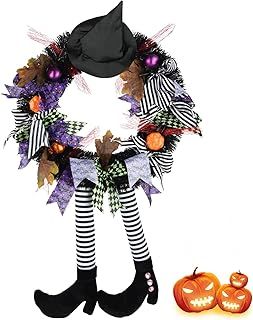 Halloween Decorations,Halloween Wreath,Halloween Witch Wreath Black Wreath with Hat Witches Legs Pumpkin,Indoor Outdoor Home Halloween Decor
