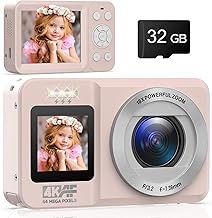Pink Digital Camera 4K Dual Screens Autofocus 64MP Compact Digital Cameras for Photography with 32GB Card 18X Digital Zoom Selfie Vlogging Camera for Kids Teens Beginners