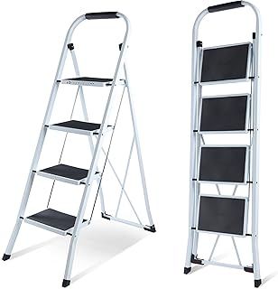 EPROSMIN 4 Step Ladder – Folding Step Ladder, Portable With Anti-Slip Mat & Comfortable Soft Handgrip, Heavy Duty Steel Step Ladder - Easy to Store Step Ladders, 150KG Max Capacity