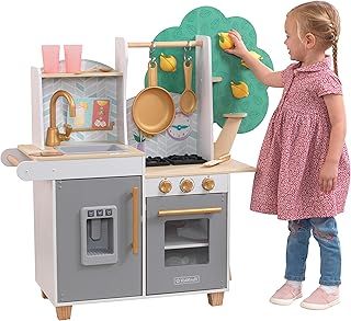 KidKraft Happy Harvest Play Kitchen, Wooden Toy Kitchen with Play Food and Kitchen Accessories, Kids' Kitchen set with Working Ice Maker, Kids' Toys, 10160