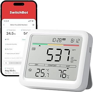 SwitchBot CO2 detector with Built-in Hygrometer, Temperature Humidity Monitor with carbon dioxide monitor, Bluetooth CO2 Monitor, 2-Year Data Storage, SwitchBot Hub Required for WiFi Function