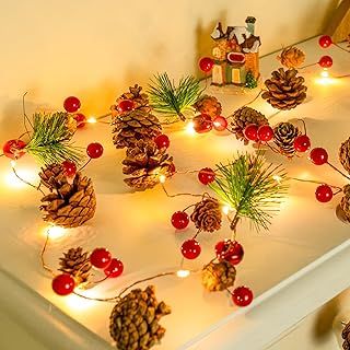 Christmas Garland with Lights, 2m 20 LED Pine Cone Fairy Lights, Battery Operated Wreath Light Up Christmas Decorations for Indoor/Outdoor Trees