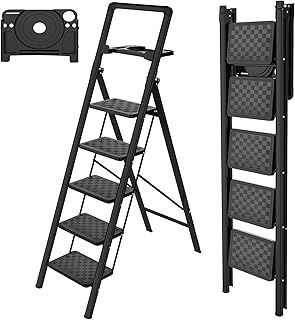 HBTower 3 Step Ladder, Lightweight & Compact Folding Step Stool with Anti-Slip Pedals and Rubber Feet, Heavy Duty Steel Frame, 150kg Capacity, Easy to Carry for Home and Kitchen Use