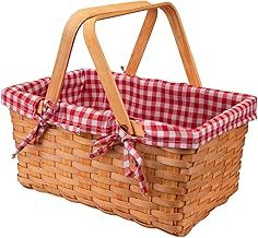 Bekith Picnic Basket Natural Split Shopping Storage Basket Woven Hamper Storage with Double Folding Handles, Pink Lining
