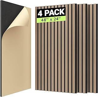 TONOR 4 PCS Wood Slat Panels, 48" x 24" x 0.83" Adhesive Acoustic Panels for Wall, Decorative 3D Fluted Panels for Sound Absorbing, Soundproof Panels with Wood Finish for Living Room, Dark Walnut
