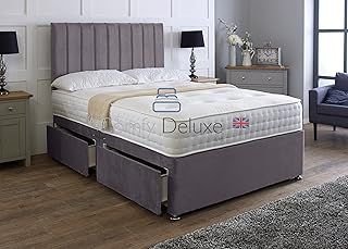 Plush Velvetto Divan Bed Set With Matching Apollo Headboard And Memory Sprung Mattress | Divan Bed Frame | Bed Base | Premium Velvetto Fabric (Grey, 4.0FT Small Double 0 Drawer)