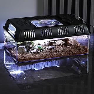 Crevyteg Tortoise Reptile Habitat Enclosure, Insect Turtle Ventilated Feeding Box Hatching Container, Reptiles Tank Terrarium for Live Feeder Insects Spider Reptiles Amphibians - built-in light