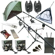 Carp Fishing Set Up Kit 3PC CARP Rods Reels Alarms & Tackle Mat & Shelter