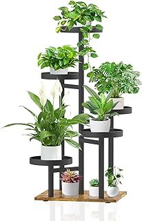 iDavosic.ly 5 Tier Plant Stand Indoor, Tiered Corner Tall Outdoor Plant Shelf for Multiple Plants, Metal Wood Flower Stand Display Rack Holder for Patio Garden Porch Window Living Room, Black
