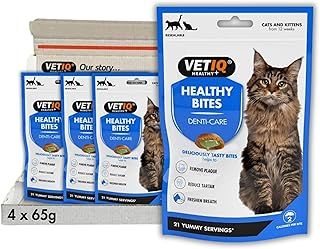 VETIQ Healthy Bites Denti-Care Treats For Cats & Kittens 12+ Weeks, High in Protein, Helps to Reduce & Prevent Plaque & Tartar & Freshens Breath, 65 g (Pack of 4)