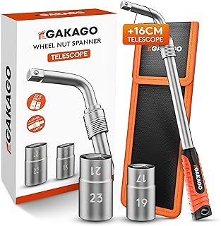 Gakago Telescopic Wheel nut Spanner Set with 17/19mm & 21/23mm Socket 1/2 inch - Extra Long extendable Wheel Spanner - Practical Storage Bag with Hook-and-Loop Fastener and Hanging Loop