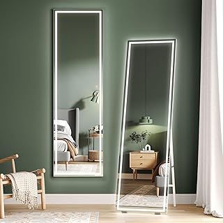 Dripex LED Full Length Floor Standing Mirror, 160x40CM Wall Mounted Mirror with Dimming & 3 Color Lighting for Bedroom (White Frame)