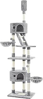Yaheetech Tall Cat Tree, Floor-to-Ceiling Tower Height Adjustable, Multi-Level Condo with Ladder, Activity Center Play House Climbing Structure w/Scratching Posts & Fur Balls, Light Grey