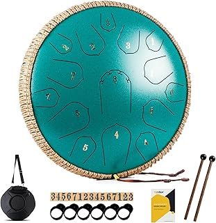 MeloBeat Steel Tongue Drum - 14 Inch 15 Notes Tongue Drum - Hand Pan Drum with Music Book, Handpan Drums Mallets and Carry Bag, D Major (Malachite Green)