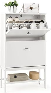 COSTWAY 2-Drawer Shoe Cabinet, Pull Down Wooden Shoe Cupboard with 2 Flip Doors and Bottom Metal Shelf, Freestanding Narrow Shoe Storage Organiser Footwear Stand for Hallway Entryway (White)